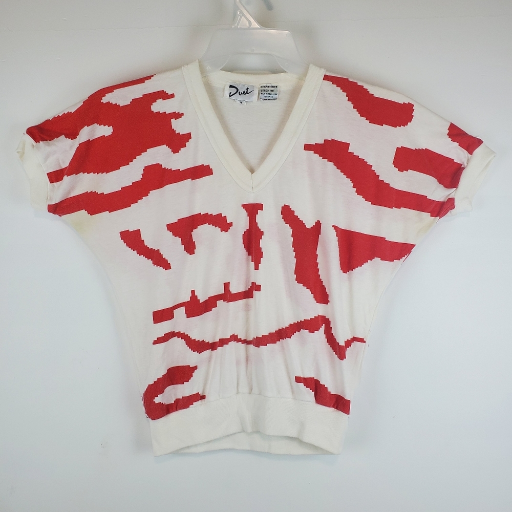 VTG 80s Duet Digital Cat Atari Video Game Vneck Knit Top Shirt Blouse Womens M